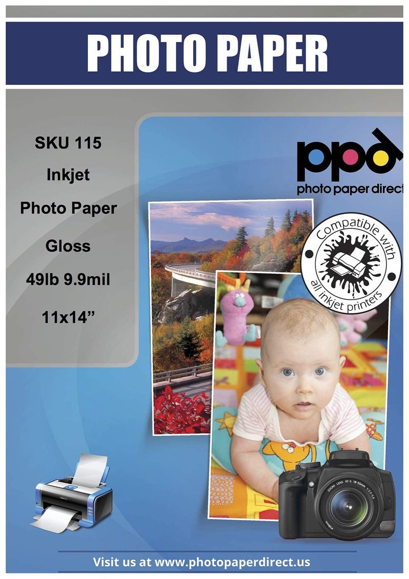 PPD Inkjet Glossy Photo Paper 11x14"" 49lb. 180gsm 9.9mil x 50 Sheets (PPD115-50) - Image 1